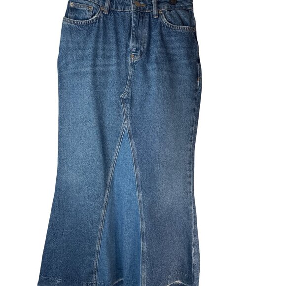 Zara Denim Maxi Skirt XS High Waist Distressed Hem Blue - Picture 7 of 13